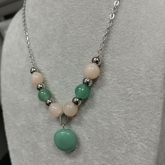 Aventurine Necklace Natural Gemstone Pendant Beads Stainless-Steel Green & Peach - Picture 5 of 17